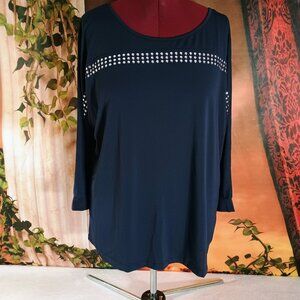NWT: BY Design Sz 1X Navy Blue Reign 3/4 Sleeve Dolman Studded Top Blouse